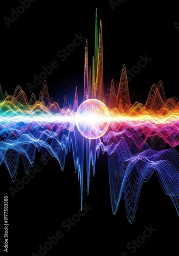 Glowing abstract visualization illustrating wave particle duality, the core concept where energy and matter exhibit dual nature, gradient, vibration, fusion