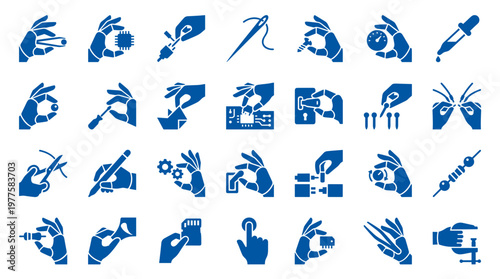 Collection of hands performing intricate tasks with tools and electronic components symbolizing precision engineering and technological innovation