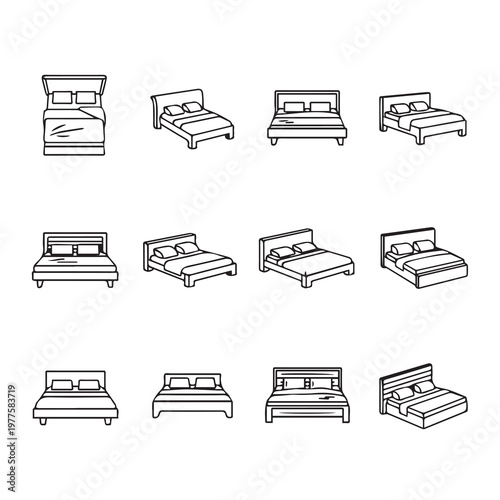 Various Bed Styles and Angles Collection Minimalist Line Art Furniture Design Elements