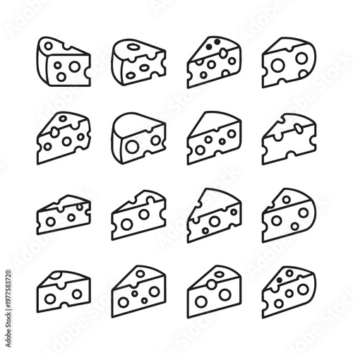 Various cheese wedges with holes in a simple line art style on a white background