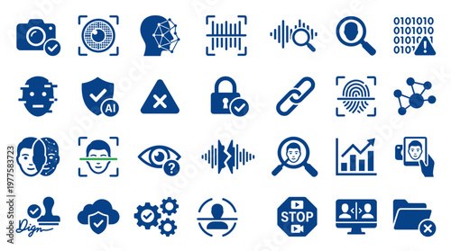 Collection of modern technology icons representing security, data, identity, and digital access in blue tones