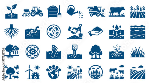 Agriculture icons set representing farming processes soil health plant growth and sustainable practices with renewable energy and livestock