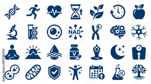 Collection of health and wellness icons representing biology science fitness and healthy lifestyle concepts