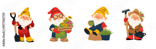Cute garden gnomes doing their gardening. A funny gnome with a watering can and rake, a shovel, relaxing and drinking from a cup, and a flower pot. A set of vector illustrations on a garden theme.
