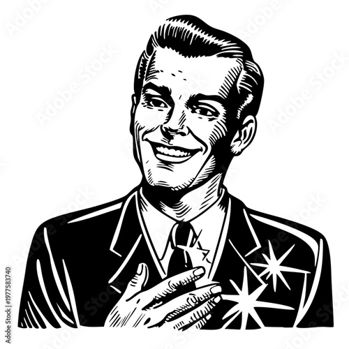 胸に手を当てて輝くスーツ姿の男性のレトロなモノクロイラスト素材
