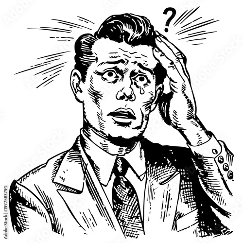 頭を押さえて困惑するスーツ姿の男性のレトロなモノクロイラスト素材