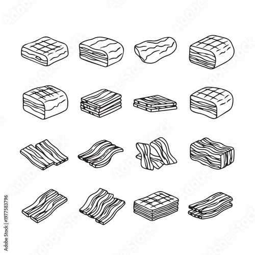 Various cuts of meat and bacon in a simple line drawing style for culinary use