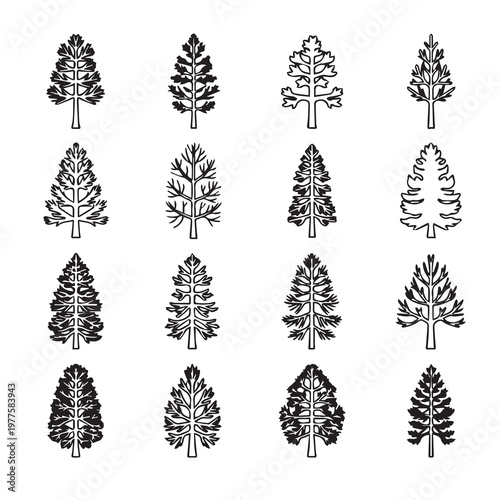 Various Evergreen Tree Silhouettes Detailed Line Art Collection