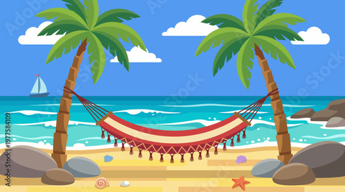 A serene beach scene featuring a hammock between palm trees, calm waves, and vibrant summer colors, evoking a sense of relaxation, vacation, and tropical tranquility.