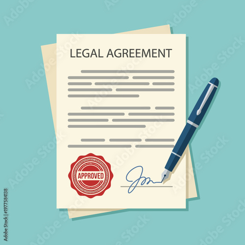 This illustration features a legal agreement sheet with a bold 'approved' stamp and a fountain pen, symbolizing authority, legitimacy, and formal agreements in business.