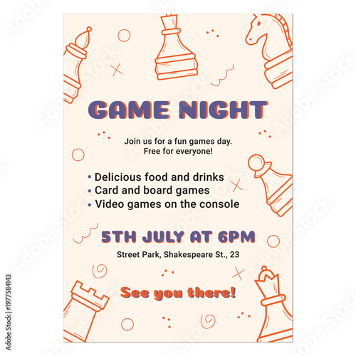 Vector illustration of a board game night invitation with linear chess icons