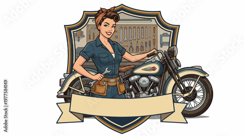 This retro-style illustration shows a confident woman mechanic with a wrench standing next to a classic motorcycle, celebrating empowerment and traditional craftsmanship.