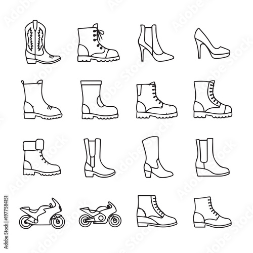 Various footwear and motorcycle illustrations in a clean white background grid