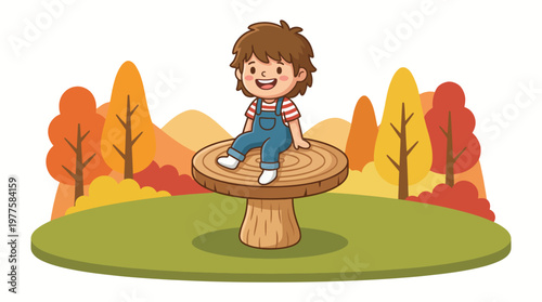 A cheerful child with curly hair sits on a wooden mushroom stump, surrounded by vibrant autumn trees showcasing oranges, reds, and yellows against a clear backdrop.