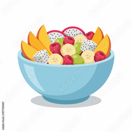A fresh and vibrant fruit salad filled with slices of dragon fruit, mango, banana, and berries arranged beautifully in a light blue bowl, inviting healthy eating.