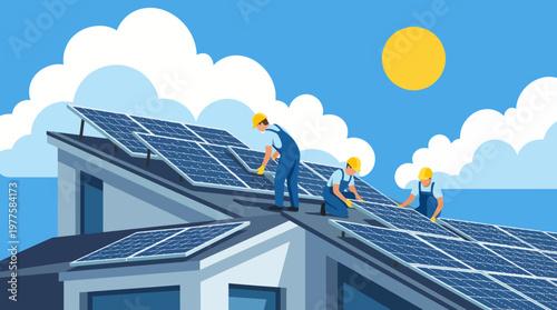 Three technicians are diligently installing solar panels on a modern home's rooftop under a bright sun, highlighting renewable energy and sustainability in action.