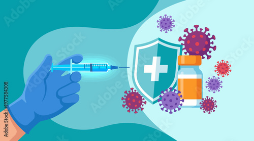 A vaccine syringe is depicted with a shield symbol and virus elements, emphasizing the importance of vaccination for health protection in combating viral infections effectively.