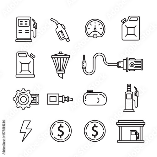 Various gasoline station icons and symbols in clean line art style on white background