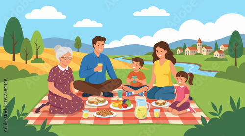A joyful family enjoys a picnic on a sunny day by a river, surrounded by beautiful green hills, capturing moments of togetherness and delightful food.