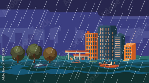 A dramatic depiction of a city experiencing heavy rainfall and flooding, showcasing emergency boats navigating through waterlogged streets amidst a desperate situation.