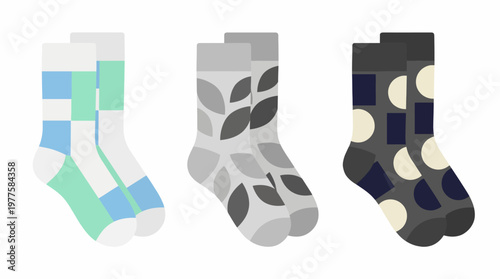 A trio of stylish socks featuring geometric patterns and bright colors, perfect for adding a splash of fun to your wardrobe and showcasing personal style.