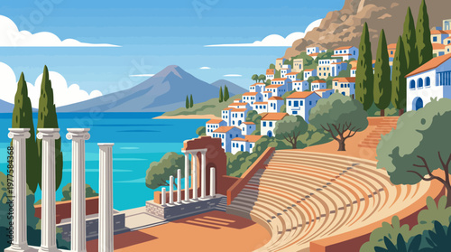 A picturesque landscape showcasing ancient ruins with pillars, overlooking a coastal village, framed by a majestic mountain, embodying the charm of Greek history.
