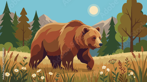 This image features a majestic bear roaming through a vibrant forest landscape, highlighting the beauty of wildlife and the serenity of nature in its natural environment.