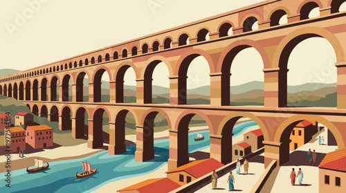 The image captures a stunning aqueduct, showcasing ancient engineering brilliance, adorned with arches that elegantly span a valley, surrounded by a picturesque landscape.
