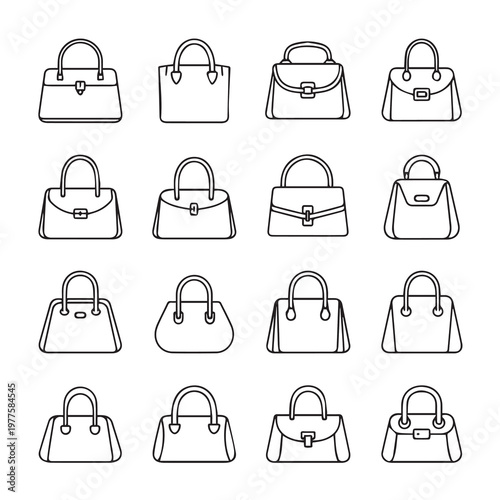 Various Handbag Styles Collection Outline Icons Clean Vector Graphics Fashion Accessories