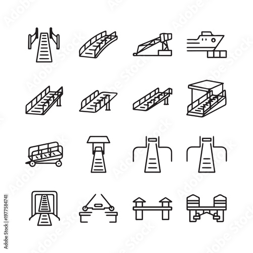 Various modern gangway and ramp icons in a clean line art style on white