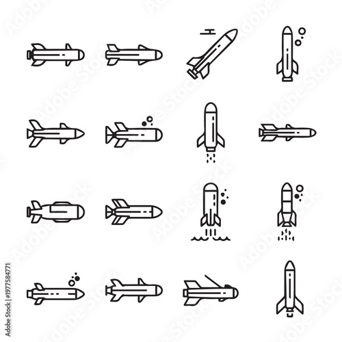 Various Missile Types Icon Set Line Art Vector Graphics Military Technology Defense Systems