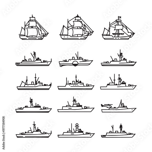 Various Nautical Vessels Collection: Sailing Ships to Modern Warships Detailed Line Art