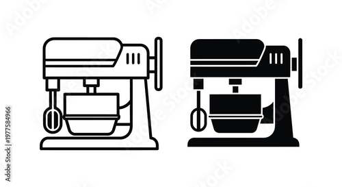 Two depictions of a stand mixer one outlined and one solid silhouette