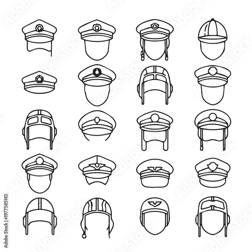 Various Pilot and Uniform Caps Collection Line Art Isolated on White Background