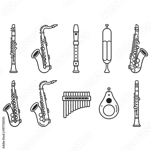 Musical wind instruments collection featuring saxophone flute clarinet and panpipe.