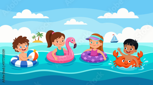 A vibrant image of children enjoying summer at the beach, swimming in colorful floats, showcasing joy, fun, and the carefree spirit of childhood during sunny days.