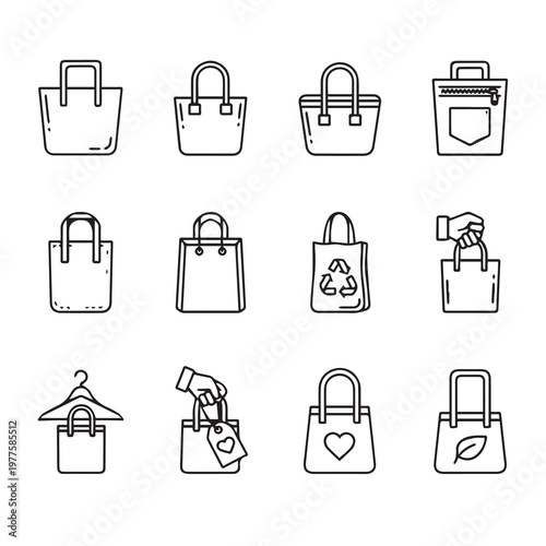 Various Shopping Bag Icons with Handles and Details on White Background Minimalist Line Art Style