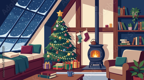 Cuadro en lienzo A beautifully decorated winter cabin scene featuring a Christmas tree, warm fireplace, and festive decor, evoking feelings of comfort and holiday spirit