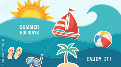 A vibrant, playful beach scene featuring a boat, sun, and beach accessories, captured in a colorful design that embodies the joy and spirit of summer holidays.