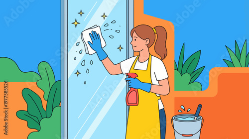 An energetic portrayal of a woman cleaning a window, embodying the fresh start of spring cleaning, promoting organization, clarity, and a sense of accomplishment.