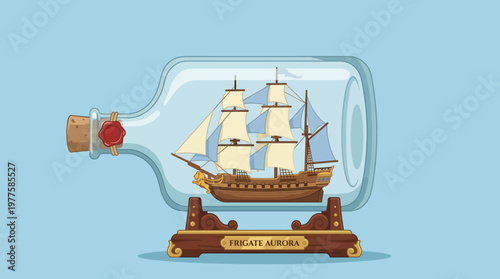 A beautiful ship model carefully placed inside a decorative glass bottle, symbolizing craftsmanship, nostalgia, and the beauty of maritime art, inviting exploration and adventure.