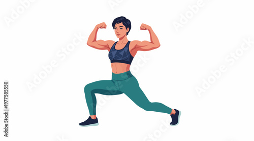 A fit young woman showcasing her muscular physique while striking a dynamic pose, representing strength, dedication, and a commitment to fitness and healthy living.