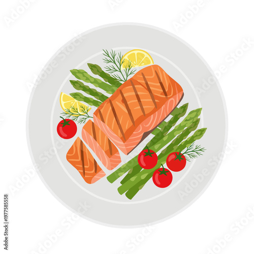 An appetizing plate featuring grilled salmon alongside fresh vegetables, garnished with lemon and herbs, highlighting a healthy and delectable meal choice for health enthusiasts.