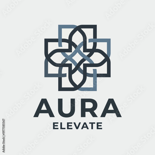 An elegant logo design featuring intertwined shapes, representing unity and elevation, with the name 'Aura Elevate' prominently displayed.