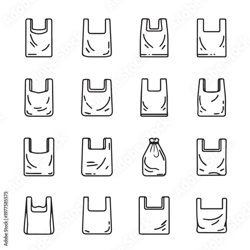 Various plastic shopping bags and a drawstring pouch in a clean white background grid layout