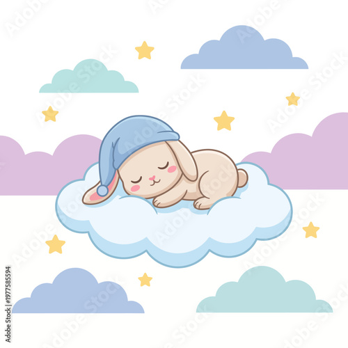 A fluffy bunny peacefully sleeps on a cloud surrounded by colorful clouds and stars, creating a serene and dreamy atmosphere perfect for a children's theme.