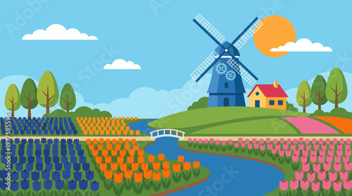 A picturesque landscape featuring a blue windmill amidst vibrant tulip fields, reflecting a serene countryside atmosphere with rolling hills and a bright sun.