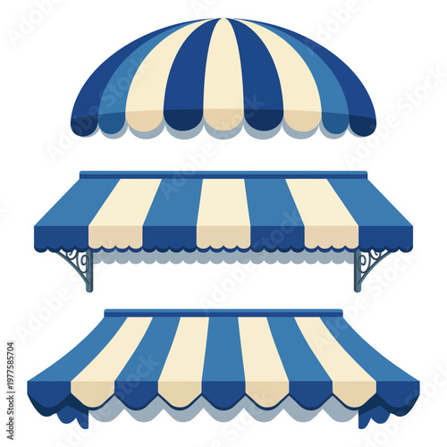 This vibrant collection of blue and cream striped awnings adds charm and elegance to any outdoor setting, perfectly suited for hospitality, dining, or leisure environments.