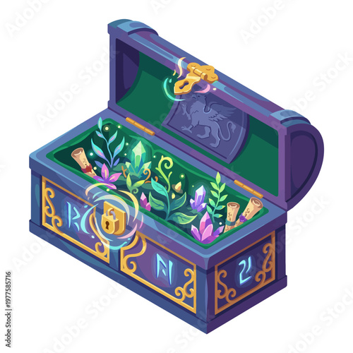 Slika na platnu An ornate illustration of a magical treasure chest overflowing with crystals and plants, representing adventure and mystery, ideal for storytelling and fantasy themes