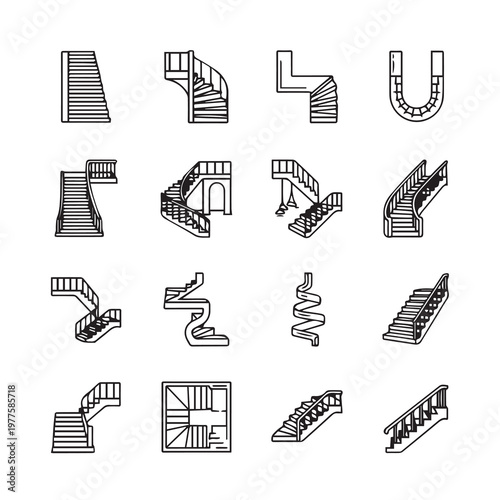 Various Staircase Designs Collection Architectural Elements Line Art Isolated on White Background